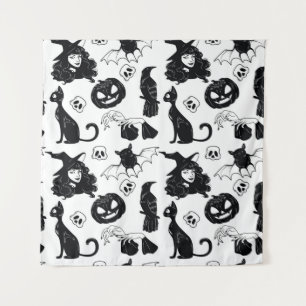 Seamless pattern with Halloween cute hand drawn el Tapestry