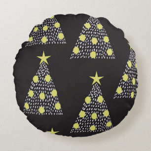 Seamless pattern with hand drawn Christmas trees i Round Pillow