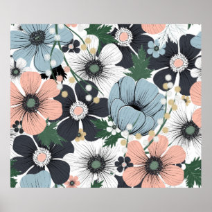 Seamless pattern with hand-drawn delicate flowers. poster