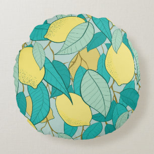seamless pattern with hand drawn lemon garden round pillow