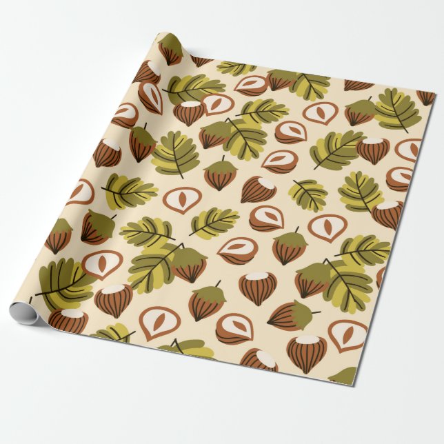 Seamless pattern with hazelnut leaves and acorns. wrapping paper (Unrolled)