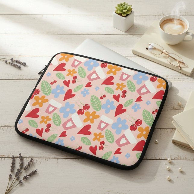 seamless pattern with hearts,  flowers and cherrie laptop sleeve (Creator Uploaded)