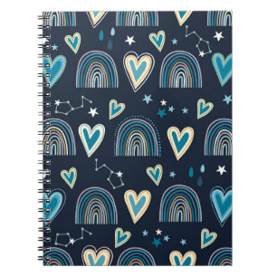 Seamless pattern with hearts, rainbows and celesti notebook