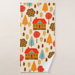Seamless pattern with houses in the forest. Vintag Bath Towel
