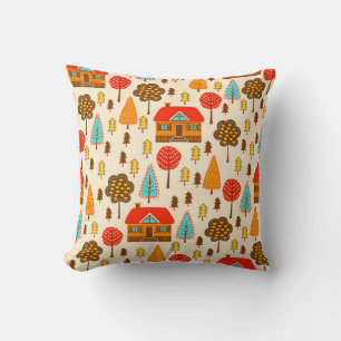 Seamless pattern with houses in the forest. Vintag Throw Pillow