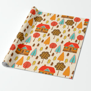 Seamless pattern with houses in the forest. Vintag Wrapping Paper