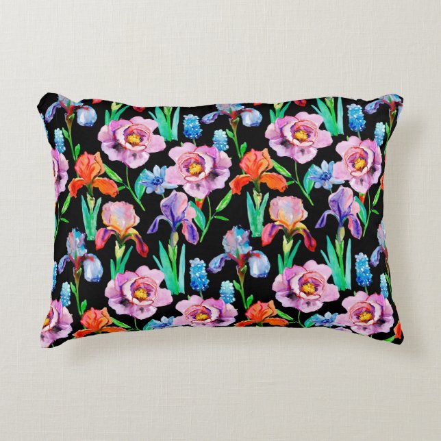 Seamless pattern with Iris and Peony flowers, Wate Accent Pillow (Front)
