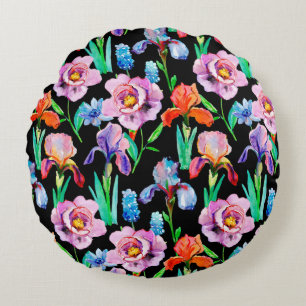 Seamless pattern with Iris and Peony flowers, Wate Round Pillow