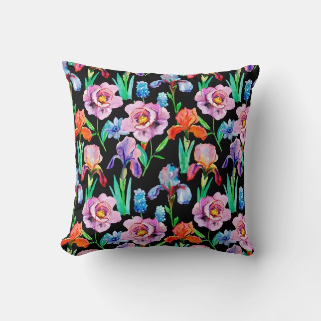 Seamless pattern with Iris and Peony flowers, Wate Throw Pillow (Front)