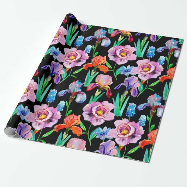 Seamless pattern with Iris and Peony flowers, Wate Wrapping Paper (Unrolled)