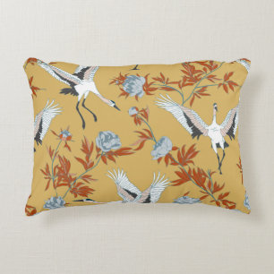Seamless pattern with Japanese white cranes and pe Accent Pillow