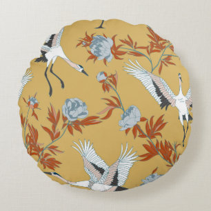 Seamless pattern with Japanese white cranes and pe Round Pillow