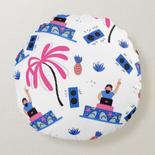 Seamless pattern with joyful dj palm trees pineapp round pillow