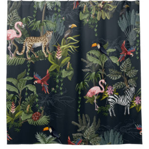 Seamless pattern with jungle animals, flowers and 