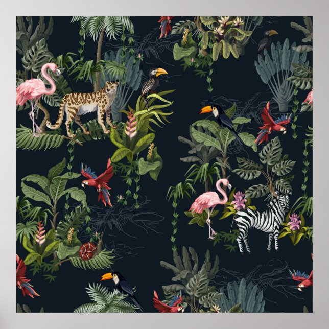 Seamless pattern with jungle animals, flowers and  poster (Front)