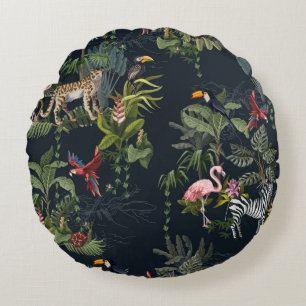 Seamless pattern with jungle animals, flowers and  round pillow