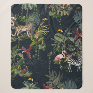 Seamless pattern with jungle animals, flowers and  sherpa blanket