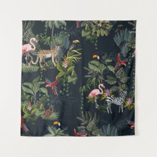 Seamless pattern with jungle animals, flowers and tapestry