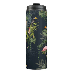 Seamless pattern with jungle animals, flowers and  thermal tumbler