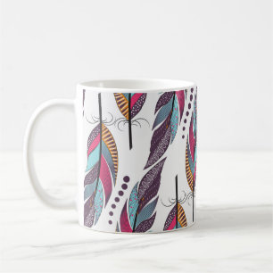 Seamless pattern with large colored feathers and d coffee mug