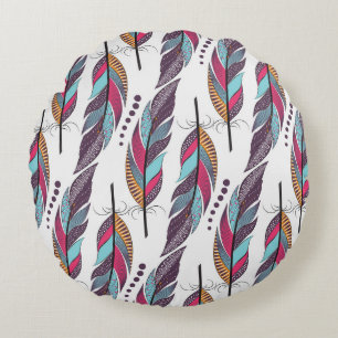 Seamless pattern with large colored feathers and d round pillow