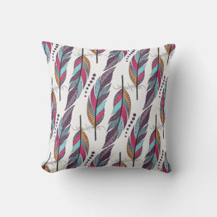 Seamless pattern with large colored feathers and d throw pillow