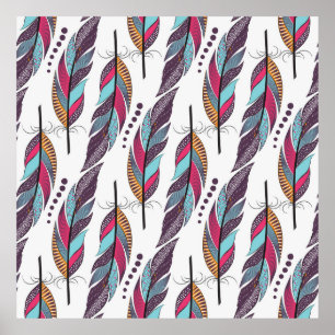 Seamless pattern with large coloured feathers and poster