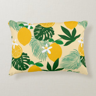 Seamless pattern with lemons and exotic palm leave accent pillow