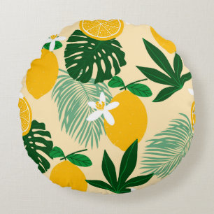 Seamless pattern with lemons and exotic palm leave round pillow