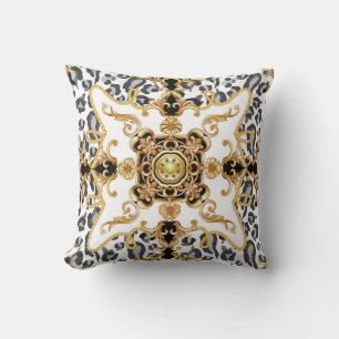 Seamless pattern with leopard skin and golden baro throw pillow