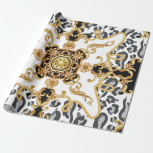 Seamless pattern with leopard skin and golden baro wrapping paper