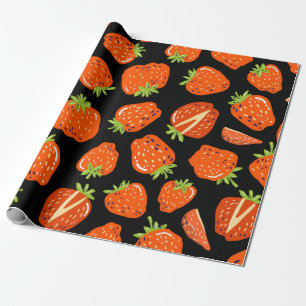 Seamless pattern with little strawberries on black wrapping paper