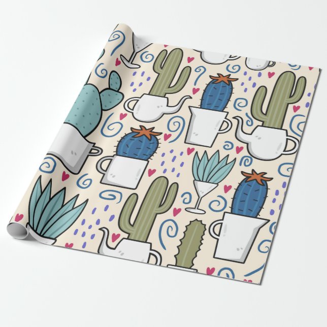 Seamless pattern with llama, cactus hand drawn des wrapping paper (Unrolled)