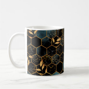 Seamless pattern with marble hexagon and golden le coffee mug