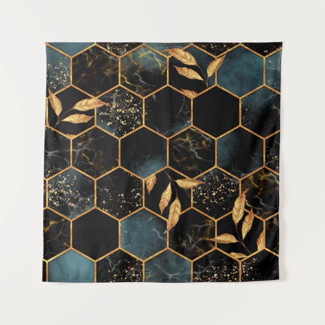 Seamless pattern with marble hexagon and golden le tapestry (Front)