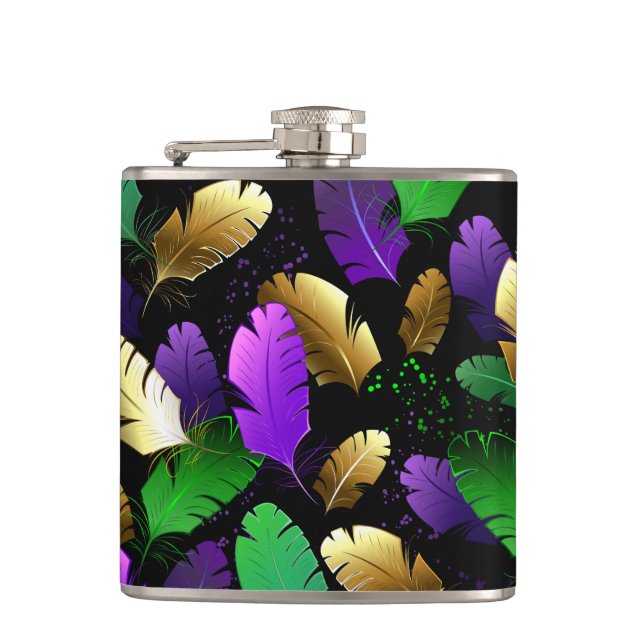 Seamless Pattern with Mardi Gras feathers Hip Flask (Front)
