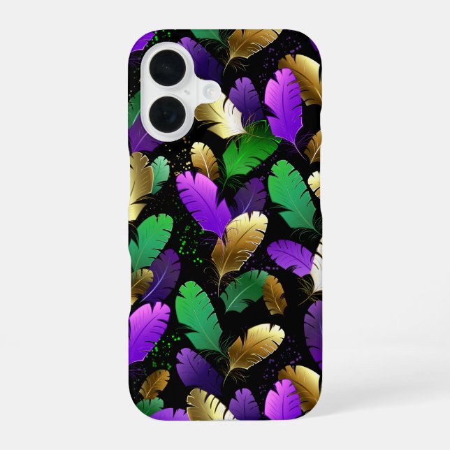 Seamless Pattern with Mardi Gras feathers iPhone 16 Case (Back)