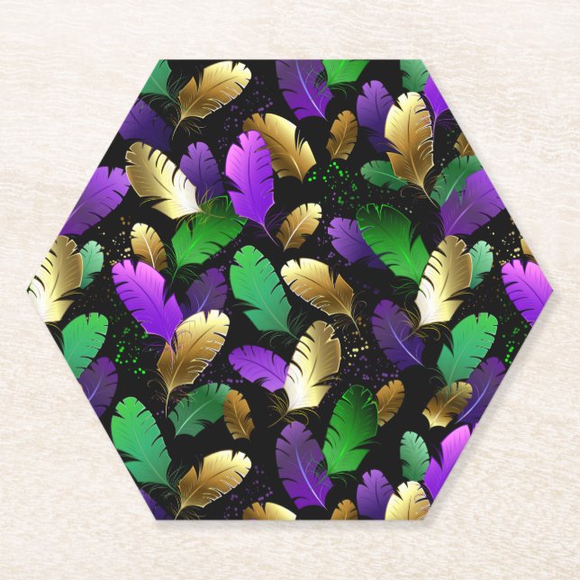 Seamless Pattern with Mardi Gras feathers Paper Coaster (Front)