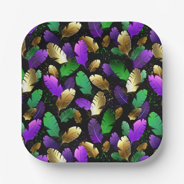 Seamless Pattern with Mardi Gras feathers Paper Plate (Front)