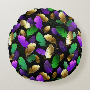 Seamless Pattern with Mardi Gras feathers Round Pillow