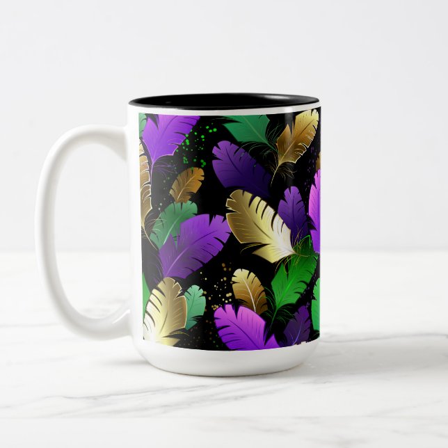 Seamless Pattern with Mardi Gras feathers Two-Tone Coffee Mug (Left)