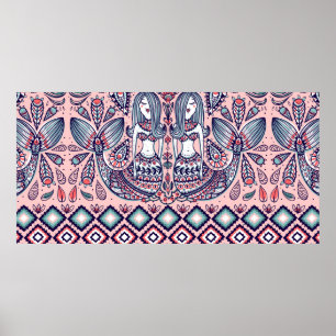 seamless pattern with mermaids and folk elements poster