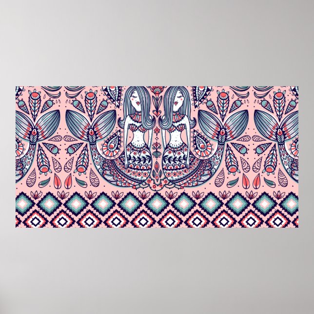 seamless pattern with mermaids and folk elements poster (Front)