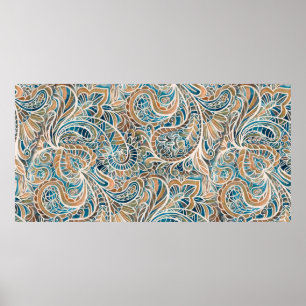 Seamless pattern with multicolor Paisley print. Ha Poster