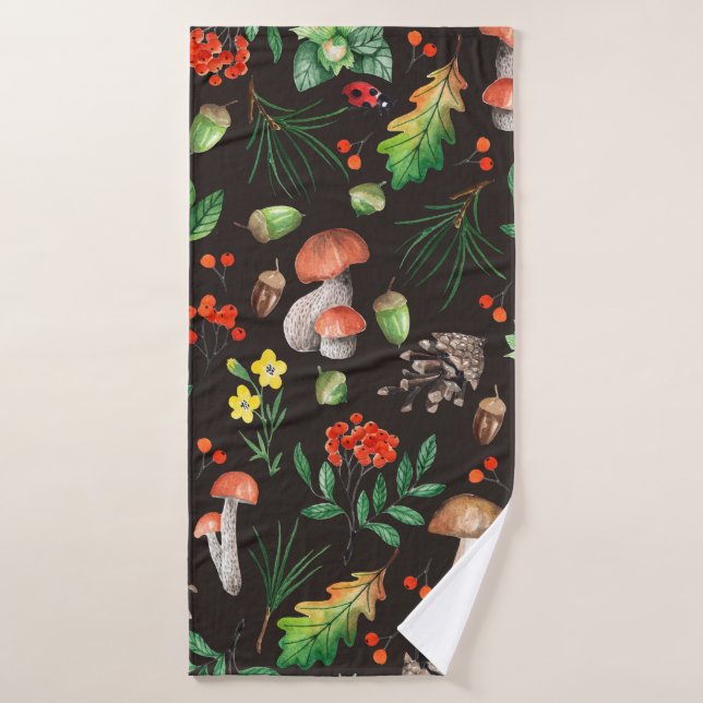 Seamless pattern with mushrooms,nuts,leaves,acorns bath towel (Bath Towel)