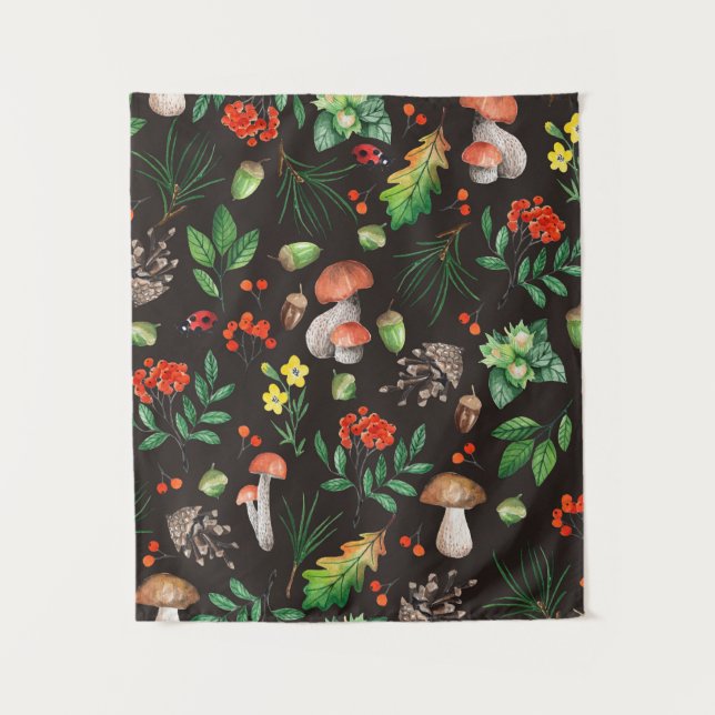 Seamless pattern with mushrooms,nuts,leaves,acorns tapestry (Front)