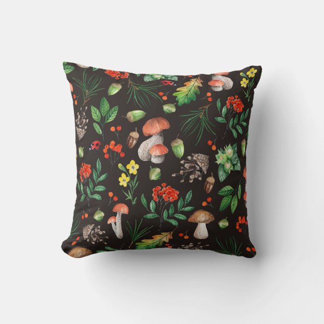 Seamless pattern with mushrooms,nuts,leaves,acorns throw pillow (Front)