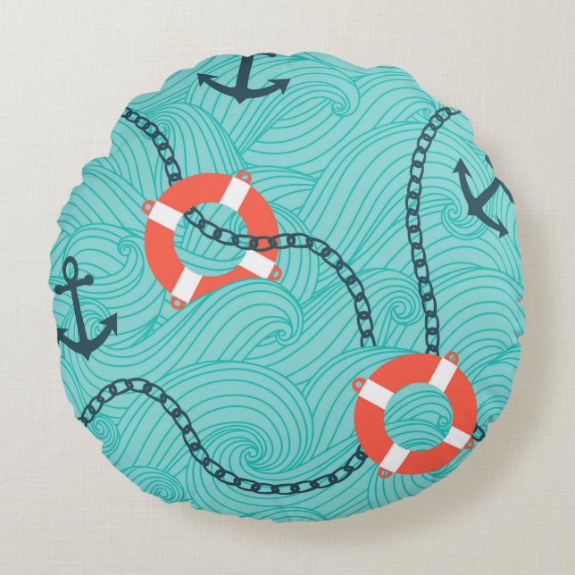 Seamless pattern with nautical attributes. Freehan Round Pillow (Front)