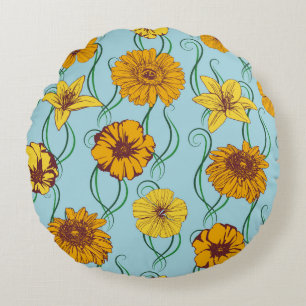 Seamless pattern with orange flowers of wild rose, round pillow