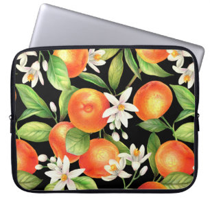 Seamless pattern with orange fruits, flowers and l laptop sleeve